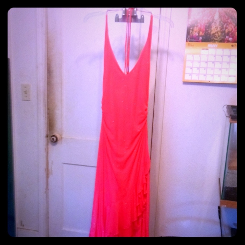 Sparkly pink halter high low dress.